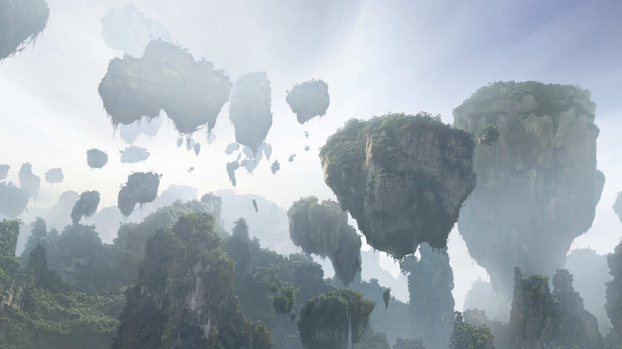 Pandora's floating Hallelujah Mountains, huge rocks covered in jungle hanging in white mist above the forest