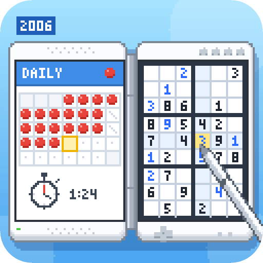 A white dual-screen handheld held like a book: a training calendar and stopwatch on one screen, a sudoku with a stylus writing a digit on the other
