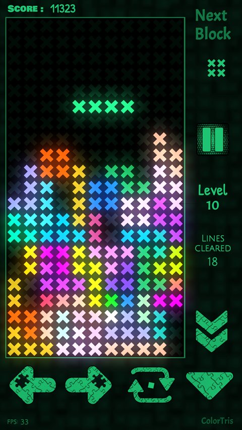 ColorTris on a phone: a stack of glowing X-shaped blocks in many colors, with the next block, level, lines cleared and touch controls