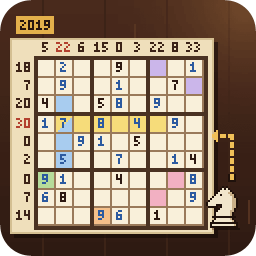 A half-solved sandwich sudoku with sum clues along the top and left, pastel-colored cells and a chess knight beside an L-shaped arrow