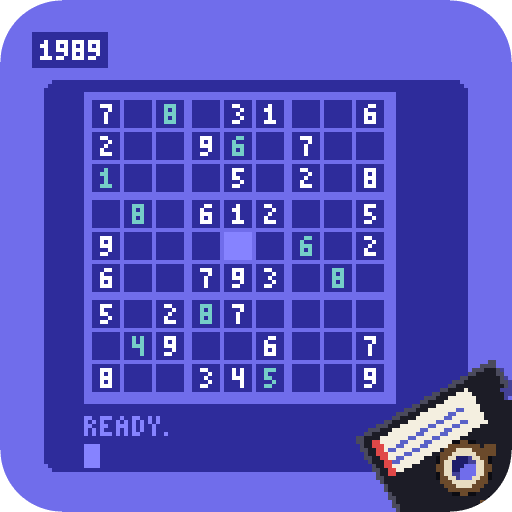 A retro computer screen with a light-blue border showing a 9×9 number grid and a READY. prompt, with a floppy disk in the corner