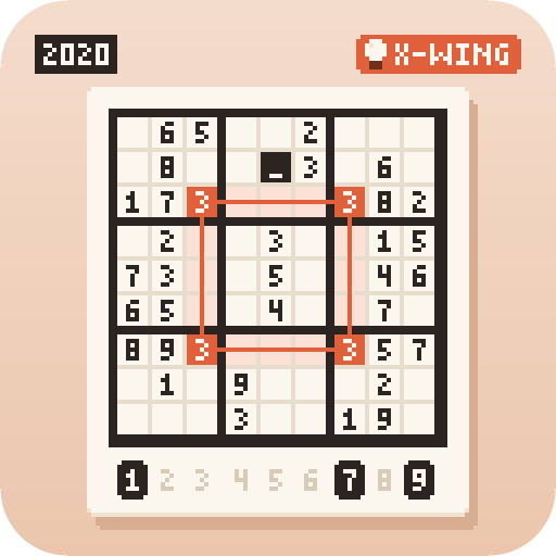 A cream sudoku card with one cell selected, its three possible digits lit on the number pad, and an X-Wing of four 3s highlighted