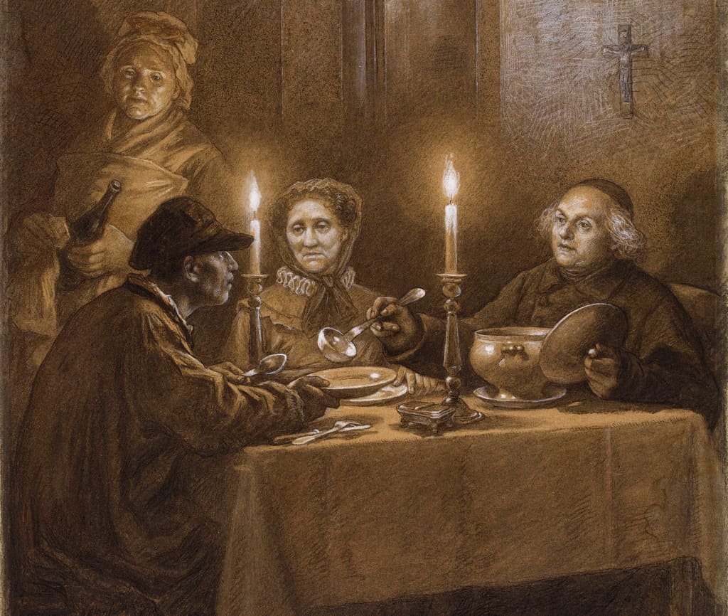 A candlelit supper in a bare room: the old bishop serves soup from a tureen to a rough man in a cap, while his sister and a servant look on, the two silver candlesticks on the table between them