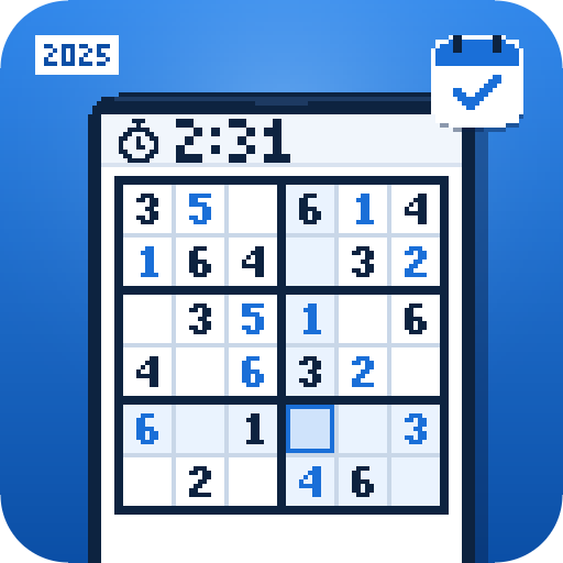 A phone showing a partly solved 6×6 sudoku and a stopwatch at 2:31, with a calendar sticker marked with a check