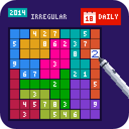 A jigsaw sudoku whose oddly shaped regions are each a different bold color, with a stylus writing a 2 and a DAILY calendar tile