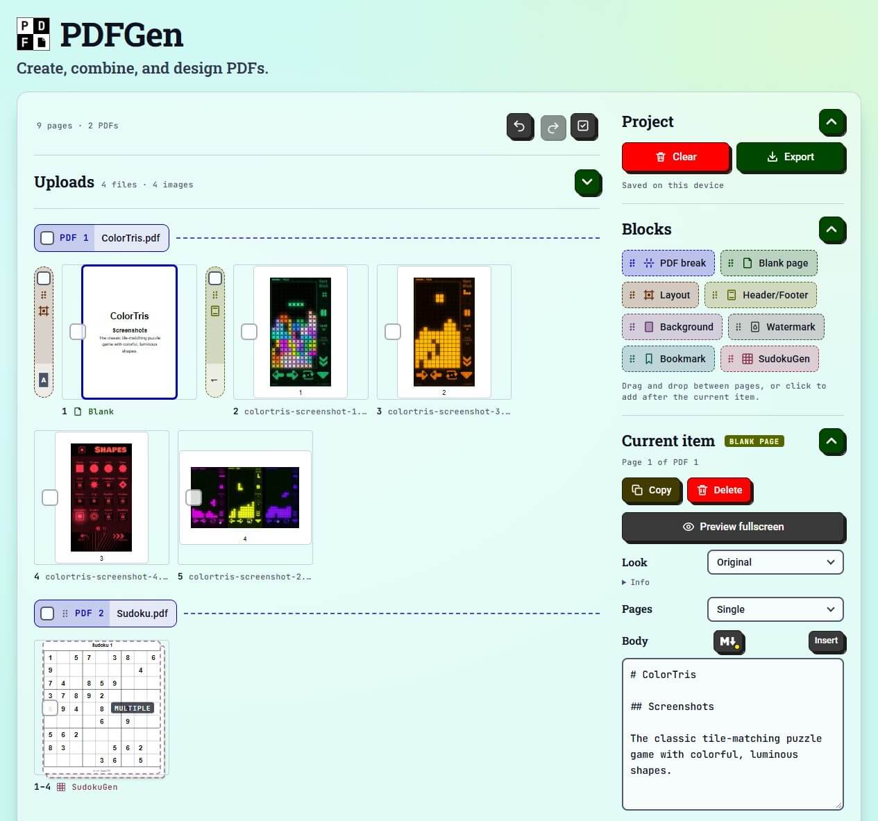 PDFGen in light mode: a ColorTris PDF with a cover page and four ColorTris screenshots, a Sudoku PDF with a SudokuGen block, the Blocks list, and the cover page's Markdown text in the Current item panel