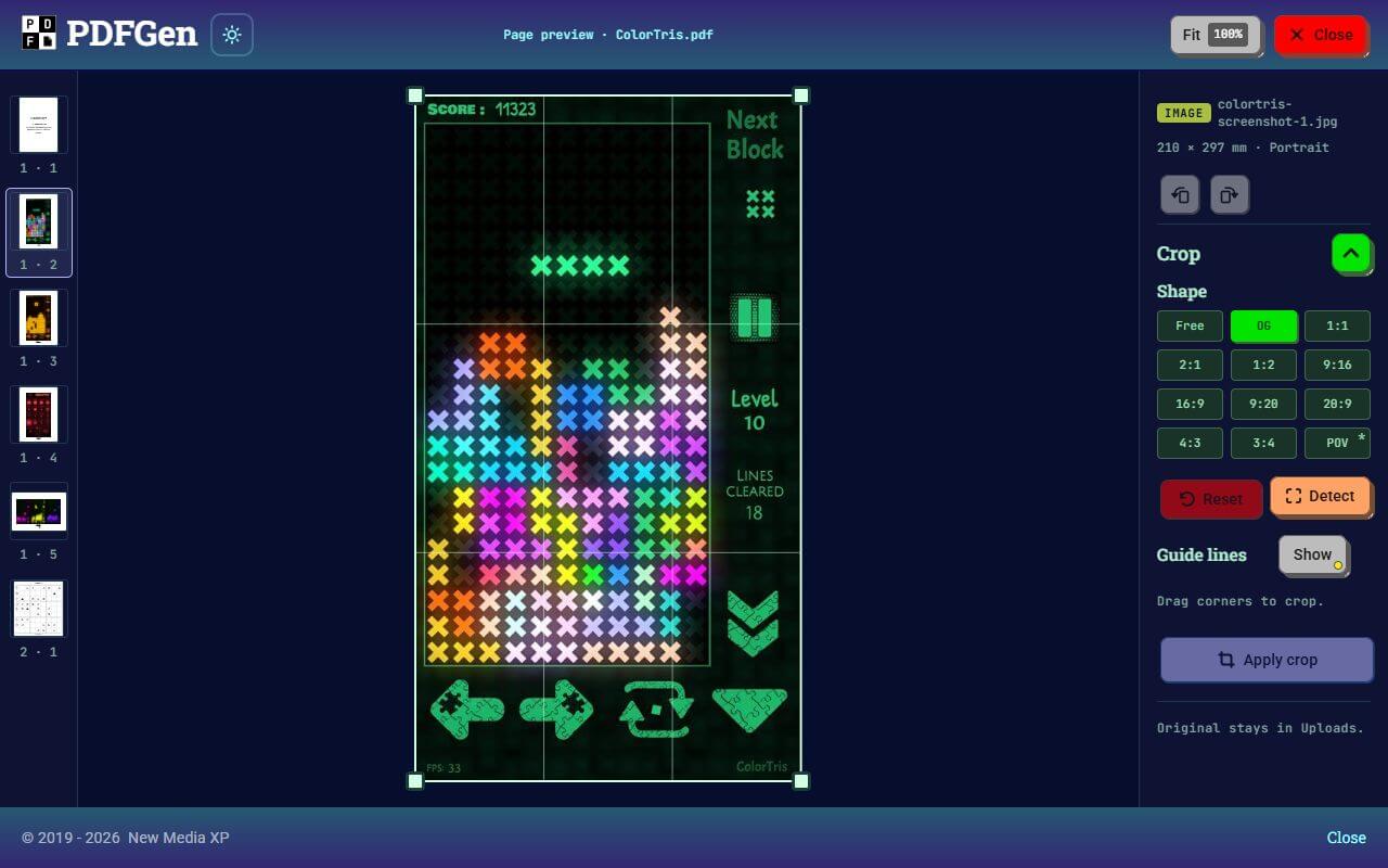 PDFGen's page preview in dark mode: a ColorTris screenshot with crop corners and thirds guide lines, the page list on the left, and the Crop panel on the right with its shapes, Reset, Detect, Guide lines and Apply crop