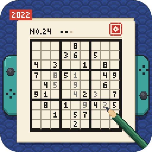 A paper sudoku page with a sparse, symmetric puzzle in black ink, a few pencilled digits, a pencil writing and a small red seal