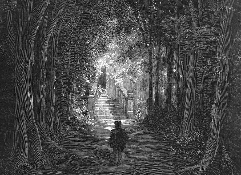 Engraving: a prince in a cloak walks alone down a dark avenue of huge old trees toward a sunlit flight of stone steps, where a figure lies asleep at the palace door