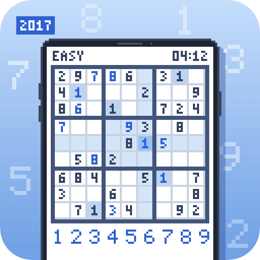 A smartphone showing a clean white sudoku app with the selected cell's row, column and box highlighted in light blue, above a 1 to 9 number pad