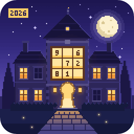 A mansion at night under a full moon, its tower window lit up as a 3×3 sudoku box and a glowing keyhole-shaped doorway at the end of a path