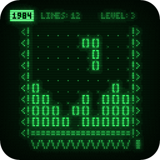 A green-on-black computer terminal showing Tetris pieces drawn with bracket characters