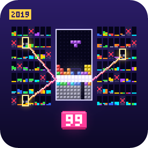 One Tetris board in the middle of dozens of tiny opponent boards, some of them knocked out, with attacks flying between them