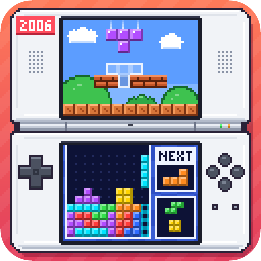 A dual-screen handheld with an 8-bit landscape on the top screen and a Tetris playfield on the bottom