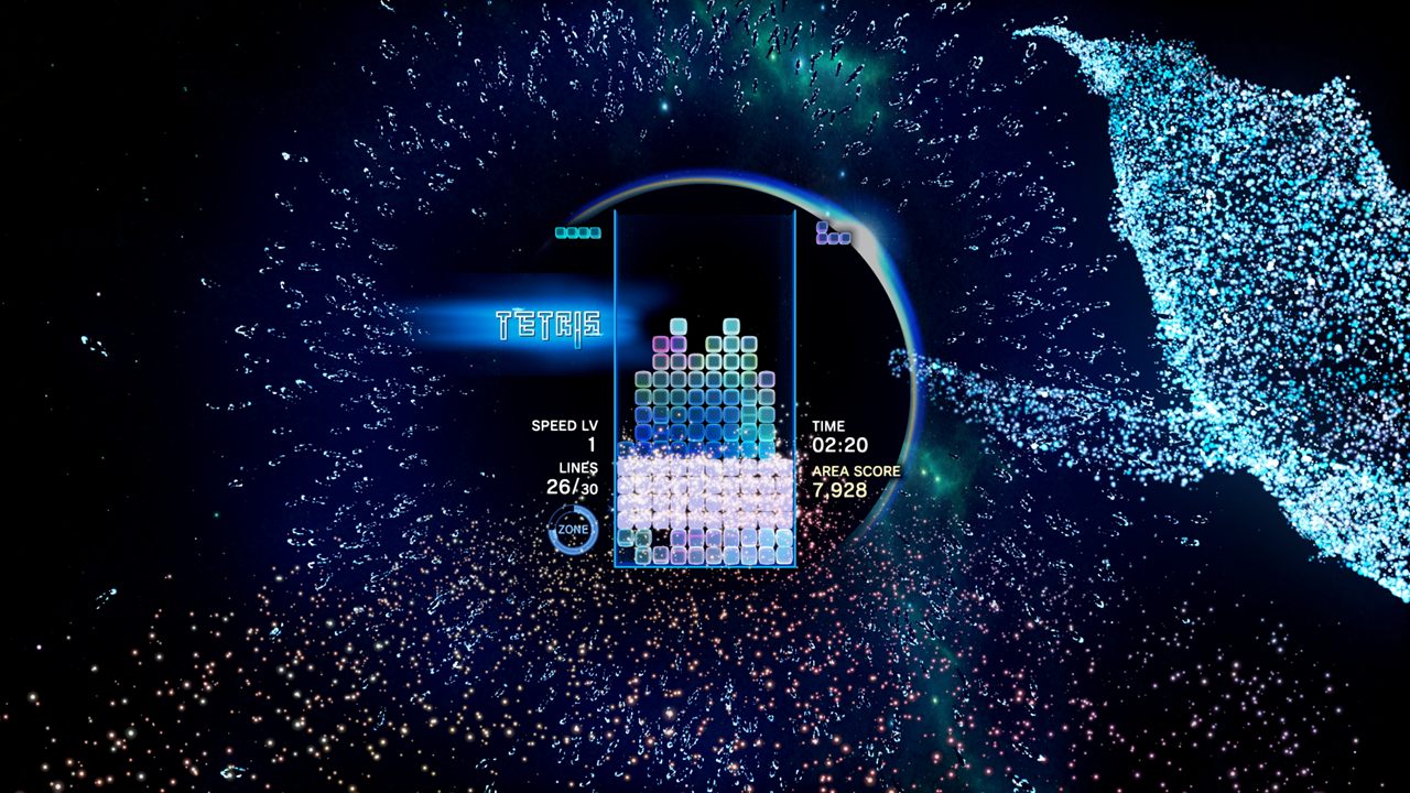 Tetris Effect: Connected: a glowing well inside a ring of light, surrounded by a sea of particles and a whale made of light