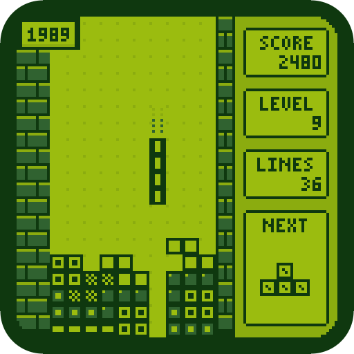 Game Boy-style Tetris in four shades of green, with an I piece about to drop into a gap