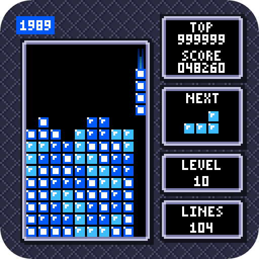 NES-style Tetris with blue blocks on black: a tall stack with a one-block-wide gap and an I piece falling into it