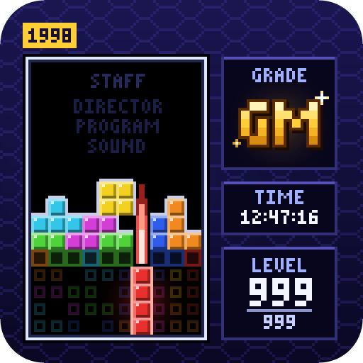 An arcade Tetris screen where the lower stack has faded to faint outlines and a piece has just landed at the bottom, beside a gold GM grade and level 999