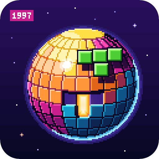 A sphere covered in colored blocks floating in space, with holes showing a glowing core and a piece hovering above it