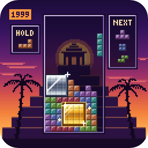 Tetris with a gold and a silver four-by-four square in the stack, a hold box and three next pieces, in front of a stepped pyramid and palm trees at dusk