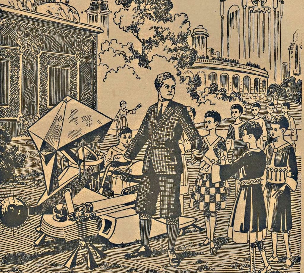 Line drawing: a man in a checked suit stands beside his time machine in a garden of the far future, among small, childlike Eloi in tunics, with a carved pedestal, a tree and domed towers behind them